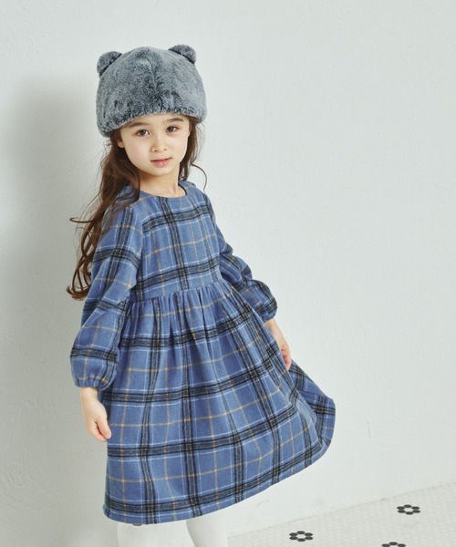 起毛 チェック柄 長袖 リラックス ワンピース（ワンピース