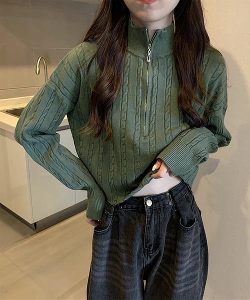 Girly Doll（ガーリードール）の「ハーフジップケーブルニット（ニット/セーター・レディース・ベージュ/カーキ/ブラック/ホワイト・F）」の17枚目の写真