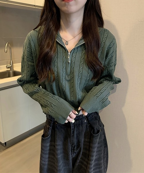 Girly Doll（ガーリードール）の「ハーフジップケーブルニット（ニット/セーター・レディース・ベージュ/カーキ/ブラック/ホワイト・F）」の20枚目の写真