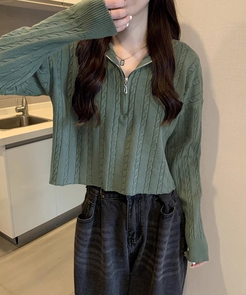 Girly Doll（ガーリードール）の「ハーフジップケーブルニット（ニット/セーター・レディース・ベージュ/カーキ/ブラック/ホワイト・F）」の21枚目の写真