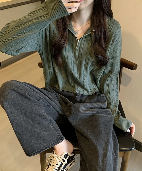 Girly Doll（ガーリードール）の「ハーフジップケーブルニット（ニット/セーター・レディース・ベージュ/カーキ/ブラック/ホワイト・F）」の22枚目の写真