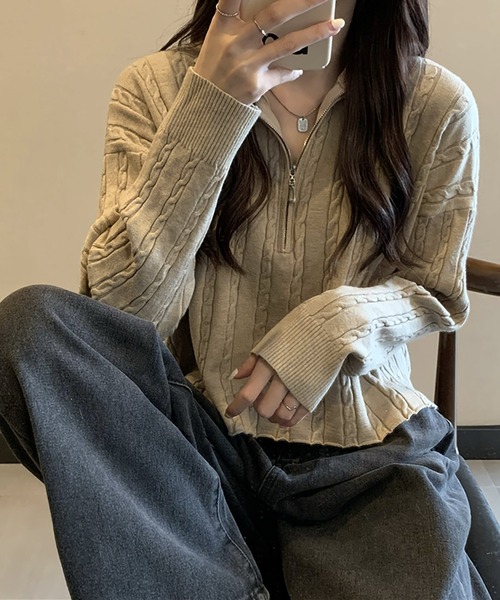 Girly Doll（ガーリードール）の「ハーフジップケーブルニット（ニット/セーター・レディース・ベージュ/カーキ/ブラック/ホワイト・F）」の5枚目の写真