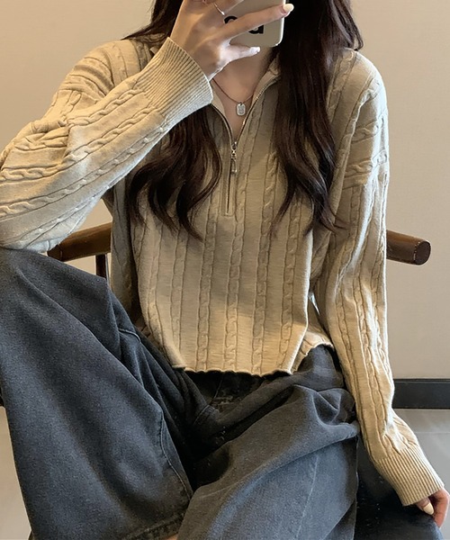 Girly Doll（ガーリードール）の「ハーフジップケーブルニット（ニット/セーター・レディース・ベージュ/カーキ/ブラック/ホワイト・F）」の7枚目の写真