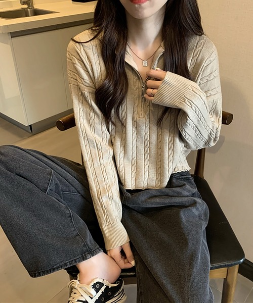 Girly Doll（ガーリードール）の「ハーフジップケーブルニット（ニット/セーター・レディース・ベージュ/カーキ/ブラック/ホワイト・F）」の8枚目の写真