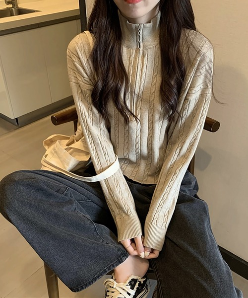 Girly Doll（ガーリードール）の「ハーフジップケーブルニット（ニット/セーター・レディース・ベージュ/カーキ/ブラック/ホワイト・F）」の13枚目の写真