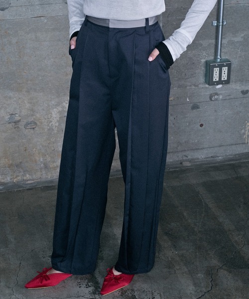 えみおわす　ダーツパンツ　黒 セール】Waist satin line double-tuck darts pants / ウエスト