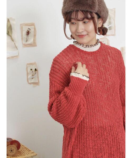 Samansa Mos2（サマンサ モスモス）の「片畦クルーネックゆるニット（ニット/セーター・レディース・レッド/キナリ/ブラック・F）」の3枚目の写真
