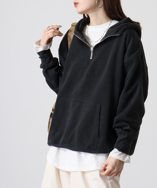 FUNALIVE(ファンアライブ)の「Fleece-lined half-zip hoodie / 裏起毛ハーフジップパーカー フーディー unisex(スウェット・メンズ・ブラック/オートミール/ヘザーチャコール/グレイッシュベージュ・M/L/XL)」の2枚目の写真