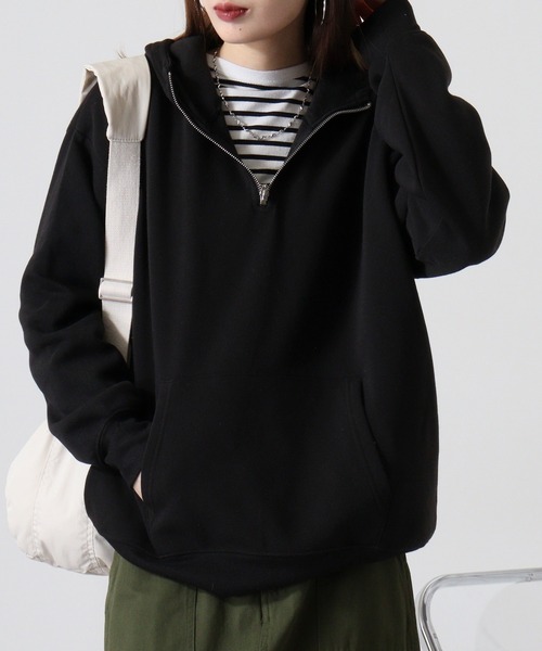 FUNALIVE(ファンアライブ)の「Fleece-lined half-zip hoodie / 裏起毛ハーフジップパーカー フーディー unisex(スウェット・メンズ・ブラック/オートミール/ヘザーチャコール/グレイッシュベージュ・M/L/XL)」の1枚目の写真