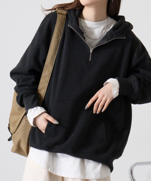 FUNALIVE(ファンアライブ)の「Fleece-lined half-zip hoodie / 裏起毛ハーフジップパーカー フーディー unisex(スウェット・メンズ・ブラック/オートミール/ヘザーチャコール/グレイッシュベージュ・M/L/XL)」の16枚目の写真