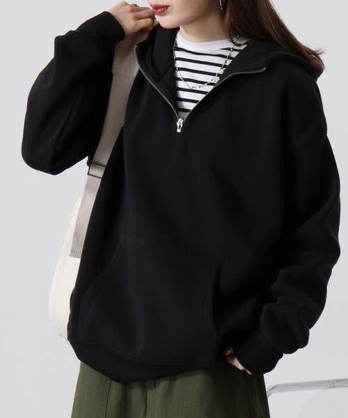FUNALIVE(ファンアライブ)の「Fleece-lined half-zip hoodie / 裏起毛ハーフジップパーカー フーディー unisex(スウェット・メンズ・ブラック/オートミール/ヘザーチャコール/グレイッシュベージュ・M/L/XL)」の10枚目の写真