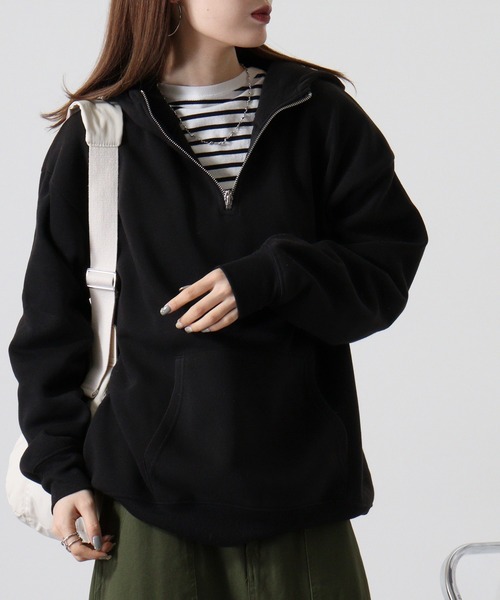 FUNALIVE(ファンアライブ)の「Fleece-lined half-zip hoodie / 裏起毛ハーフジップパーカー フーディー unisex(スウェット・メンズ・ブラック/オートミール/ヘザーチャコール/グレイッシュベージュ・M/L/XL)」の9枚目の写真