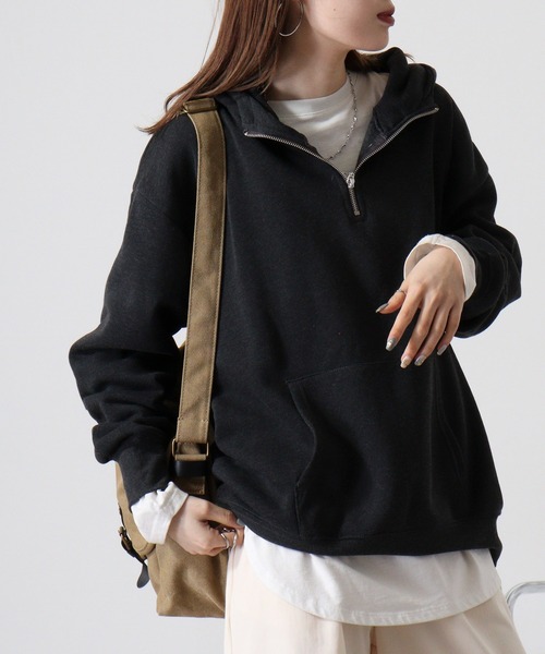FUNALIVE(ファンアライブ)の「Fleece-lined half-zip hoodie / 裏起毛ハーフジップパーカー フーディー unisex(スウェット・メンズ・ブラック/オートミール/ヘザーチャコール/グレイッシュベージュ・M/L/XL)」の18枚目の写真
