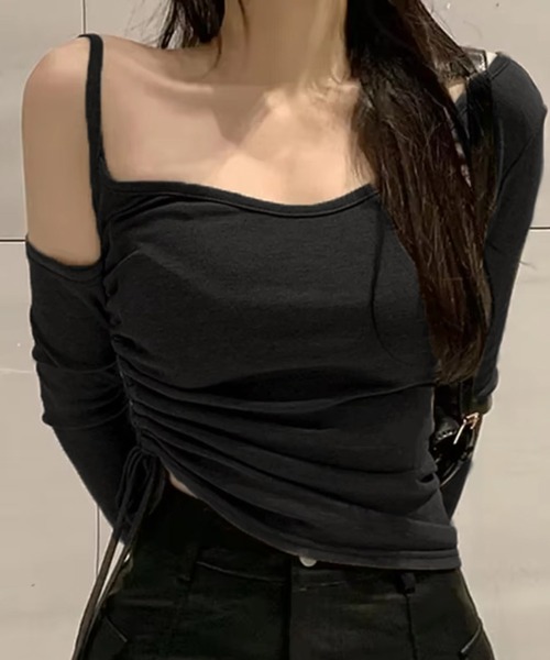 ALTROSE（アルトローズ）の「アシメワンショル シャーリング リボン カットソー 韓国風（Tシャツ/カットソー・レディース・ホワイト/グレー/ブラック・FREE）」の10枚目の写真