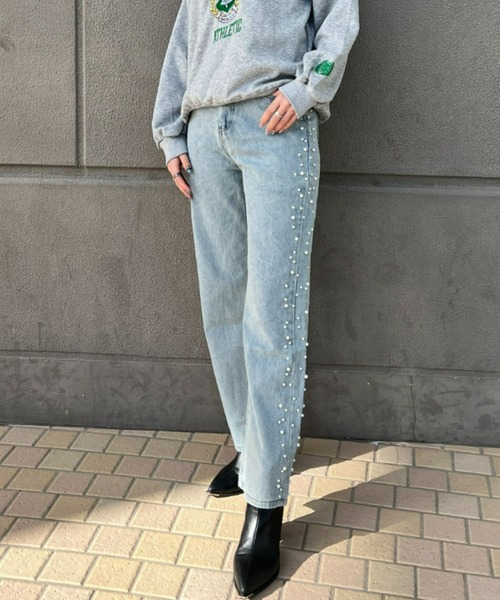 ampm(エーエムピーエム)の「【ampm】パール&ビジューサイドラインデニムパンツ(デニムパンツ・レディース・ブルー・MEDIUM)」の10枚目の写真