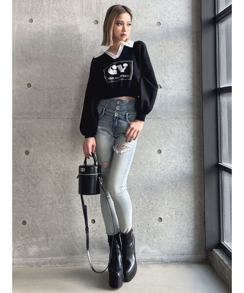 GYDA ダブル ダメージ スキニー デニム パンツ セール】ハイウエストバインダーデザイン ダメージスキニー