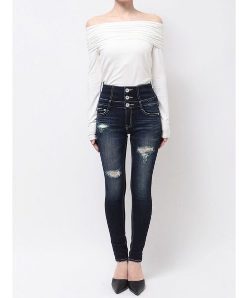ハイウエストバッククロスダメージスキニーデニムパンツ（デニムパンツ