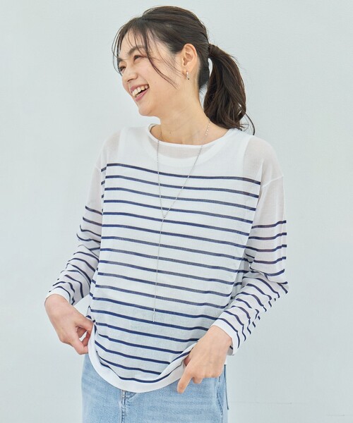 ANY(エニィ)の「シアーバスクボーダーニット(ニット/セーター・レディース・ネイビー系1/オレンジ系1・F)」の6枚目の写真