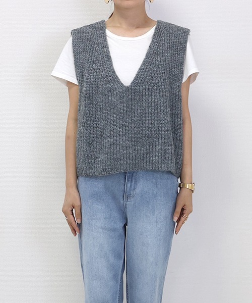 片畦編みミックスヤーンVネックベスト（ベスト）｜Aletta vita（アレッ