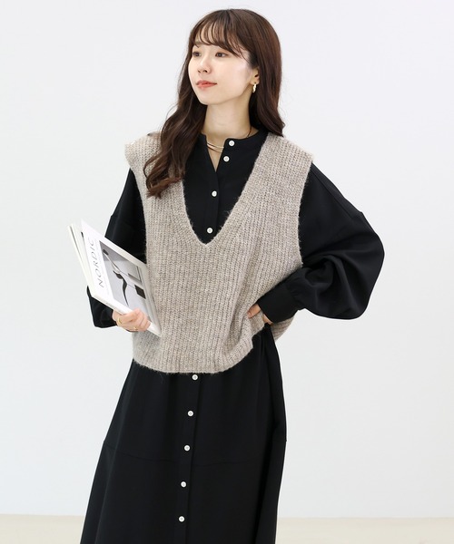 片畦編みミックスヤーンVネックベスト（ベスト）｜Aletta vita（アレッ
