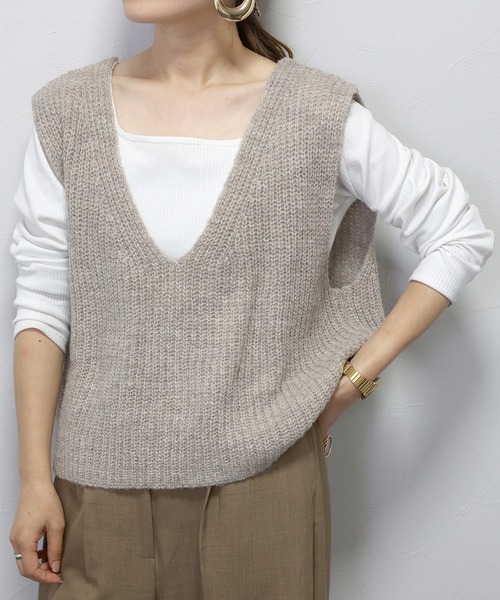 片畦編みミックスヤーンVネックベスト（ベスト）｜Aletta vita（アレッ
