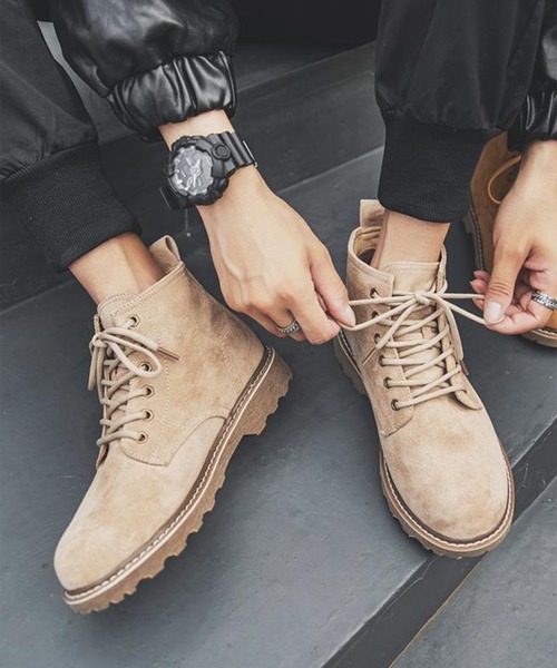 セール】フェイクスエード レースアップ ミドルカット ブーツ 厚底