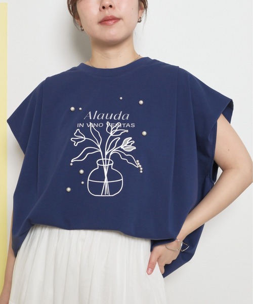 tシャツ シルケット天竺使用　パールモチーフトップス　箔プリントロゴ レディース セール】シルケット天竺使用 パールモチーフトップス 箔プリント