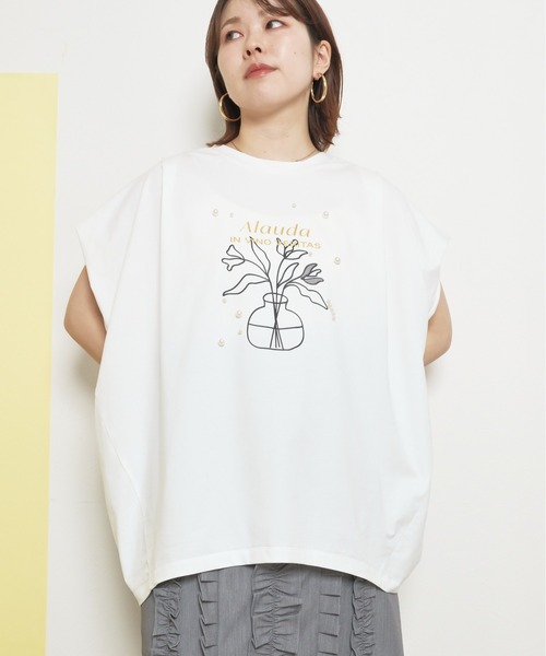 tシャツ シルケット天竺使用　パールモチーフトップス　箔プリントロゴ レディース セール】シルケット天竺使用 パールモチーフトップス 箔プリント