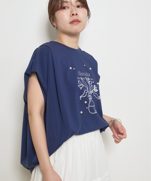 tシャツ シルケット天竺使用　パールモチーフトップス　箔プリントロゴ レディース セール】シルケット天竺使用 パールモチーフトップス 箔プリント