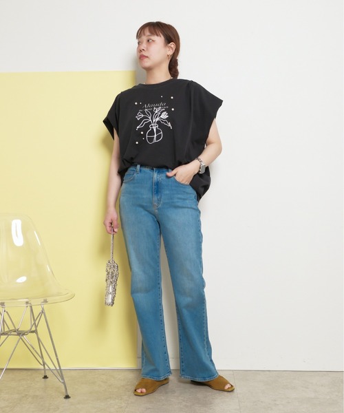 tシャツ シルケット天竺使用　パールモチーフトップス　箔プリントロゴ レディース セール】シルケット天竺使用 パールモチーフトップス 箔プリント