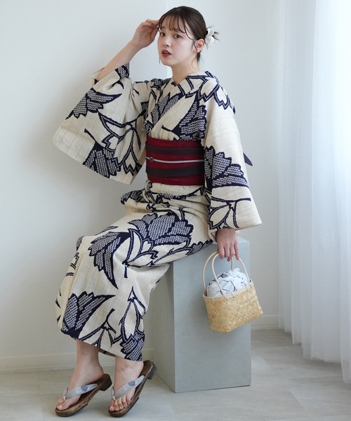 手染め注染浴衣3点セット utatane×注染工房 先染めベージュに紺の横見