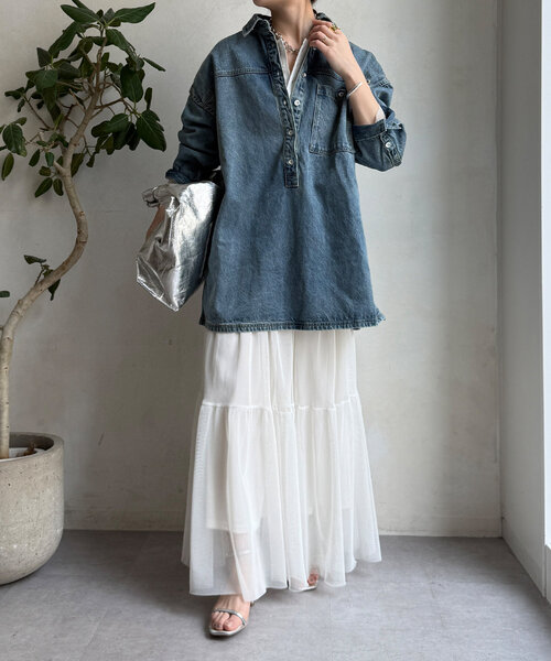 DouDou（ドゥドゥ）の「デニムオーバーチュニックシャツ（シャツ/ブラウス・レディース・ブルー系その他/ブルー・FREE）」の13枚目の写真