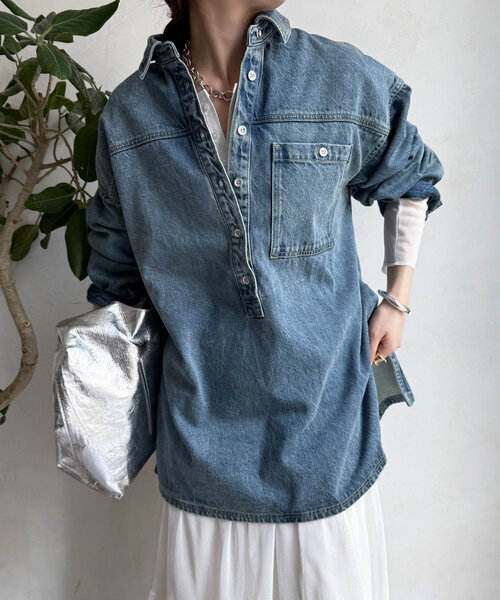 DouDou（ドゥドゥ）の「デニムオーバーチュニックシャツ（シャツ/ブラウス・レディース・ブルー系その他/ブルー・FREE）」の7枚目の写真