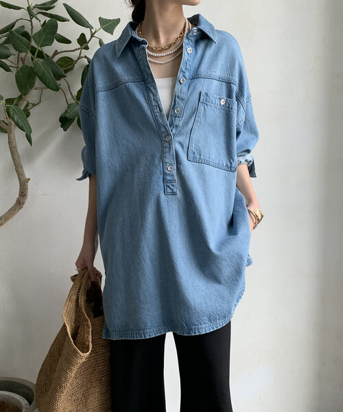 DouDou（ドゥドゥ）の「デニムオーバーチュニックシャツ（シャツ/ブラウス・レディース・ブルー系その他/ブルー・FREE）」の16枚目の写真
