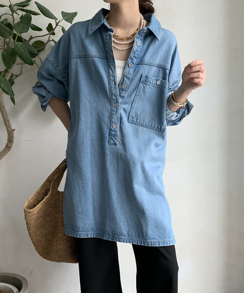 DouDou（ドゥドゥ）の「デニムオーバーチュニックシャツ（シャツ/ブラウス・レディース・ブルー系その他/ブルー・FREE）」の17枚目の写真