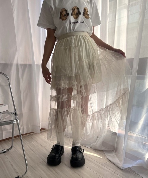 merrylatte（メリーラテ）の「シースルーチュールスカート（スカート・レディース・アイボリー・FREE）」の4枚目の写真