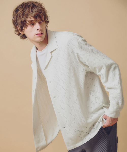 AH ABAHOUSE(エーエイチアバハウス)の「【AH ABAHOUSE】ダイヤ柄 シアーストレッチ 長袖シャツ(シャツ/ブラウス・メンズ・ブラック/ダークグリーン/オフホワイト・46/48)」の1枚目の写真