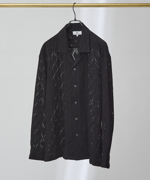 AH ABAHOUSE(エーエイチアバハウス)の「【AH ABAHOUSE】ダイヤ柄 シアーストレッチ 長袖シャツ(シャツ/ブラウス・メンズ・ブラック/ダークグリーン/オフホワイト・46/48)」の2枚目の写真
