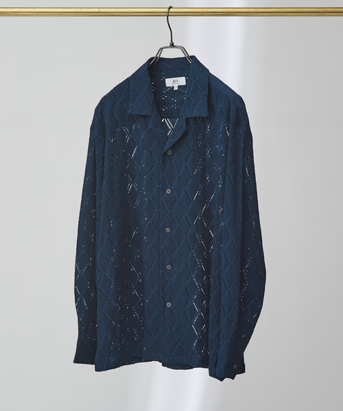 AH ABAHOUSE(エーエイチアバハウス)の「【AH ABAHOUSE】ダイヤ柄 シアーストレッチ 長袖シャツ(シャツ/ブラウス・メンズ・ブラック/ダークグリーン/オフホワイト・46/48)」の3枚目の写真