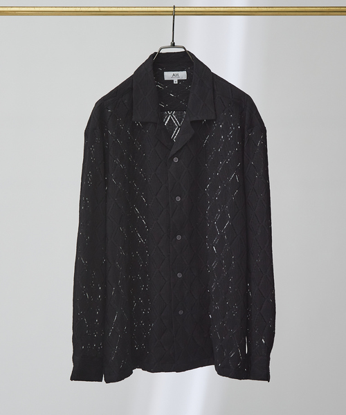 AH ABAHOUSE(エーエイチアバハウス)の「【AH ABAHOUSE】ダイヤ柄 シアーストレッチ 長袖シャツ(シャツ/ブラウス・メンズ・ブラック/ダークグリーン/オフホワイト・46/48)」の5枚目の写真