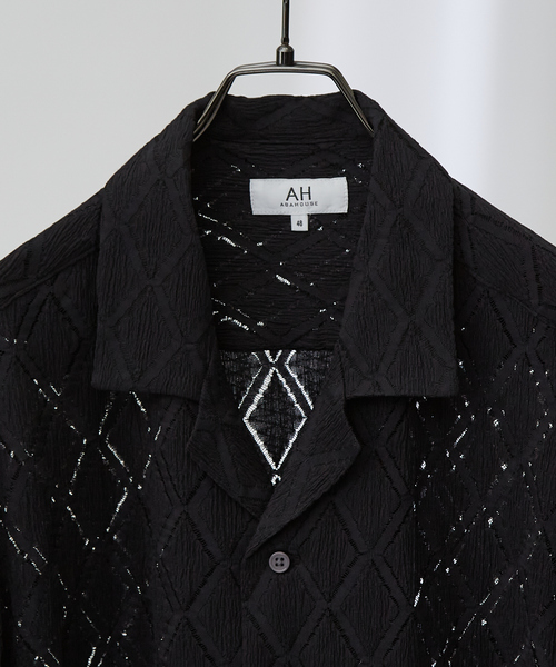 AH ABAHOUSE(エーエイチアバハウス)の「【AH ABAHOUSE】ダイヤ柄 シアーストレッチ 長袖シャツ(シャツ/ブラウス・メンズ・ブラック/ダークグリーン/オフホワイト・46/48)」の7枚目の写真