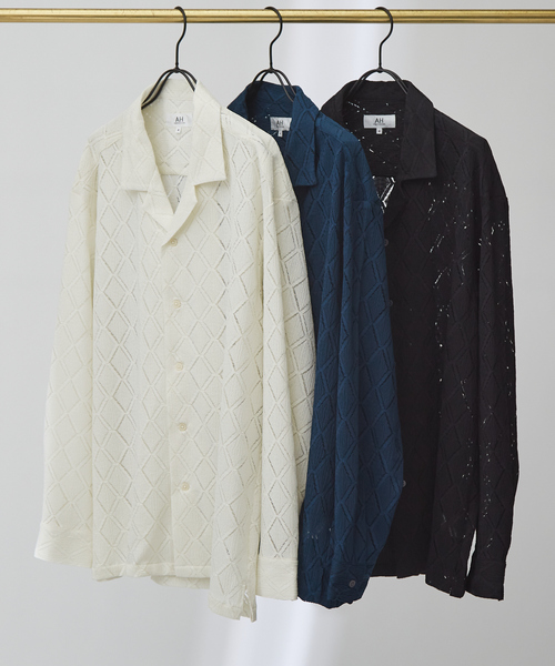 AH ABAHOUSE(エーエイチアバハウス)の「【AH ABAHOUSE】ダイヤ柄 シアーストレッチ 長袖シャツ(シャツ/ブラウス・メンズ・ブラック/ダークグリーン/オフホワイト・46/48)」の10枚目の写真