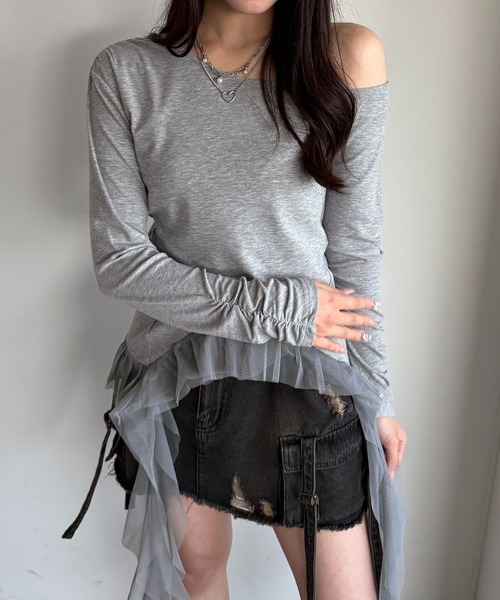 apres jour mignon(アプレジュールミニョン)の「ワンショルフリルロンT【ZOZOTOWN限定アイテム】(Tシャツ/カットソー・レディース・杢グレー/ブラック/ブラウン系その他・フリー/X-LARGE)」の1枚目の写真