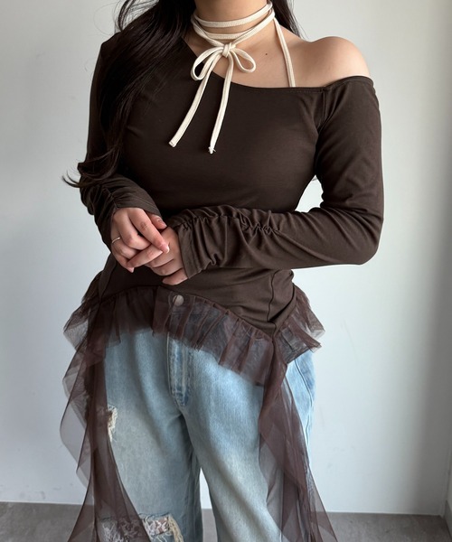apres jour mignon(アプレジュールミニョン)の「ワンショルフリルロンT【ZOZOTOWN限定アイテム】(Tシャツ/カットソー・レディース・杢グレー/ブラック/ブラウン系その他・フリー/X-LARGE)」の3枚目の写真
