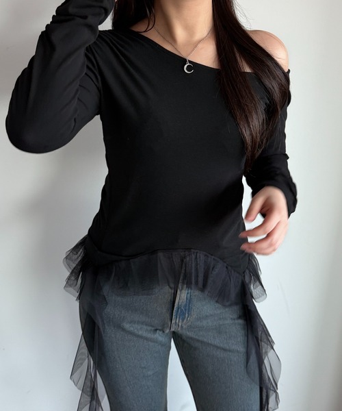 apres jour mignon(アプレジュールミニョン)の「ワンショルフリルロンT【ZOZOTOWN限定アイテム】(Tシャツ/カットソー・レディース・杢グレー/ブラック/ブラウン系その他・フリー/X-LARGE)」の2枚目の写真