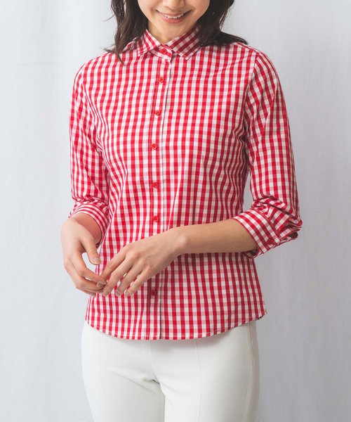 NARACAMICIE(ナラカミーチェ)の「【NARACAMICIE】スモールギンガム七分袖シャツ(シャツ/ブラウス・レディース・ブラック/レッド・L/XXL/M/S/XL)」の1枚目の写真