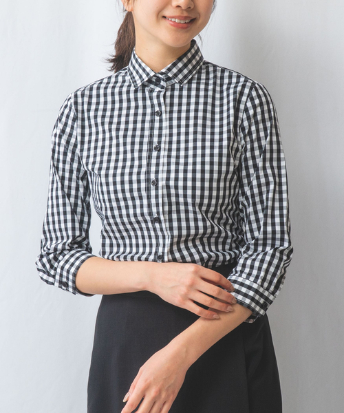 NARACAMICIE(ナラカミーチェ)の「【NARACAMICIE】スモールギンガム七分袖シャツ(シャツ/ブラウス・レディース・ブラック/レッド・L/XXL/M/S/XL)」の3枚目の写真