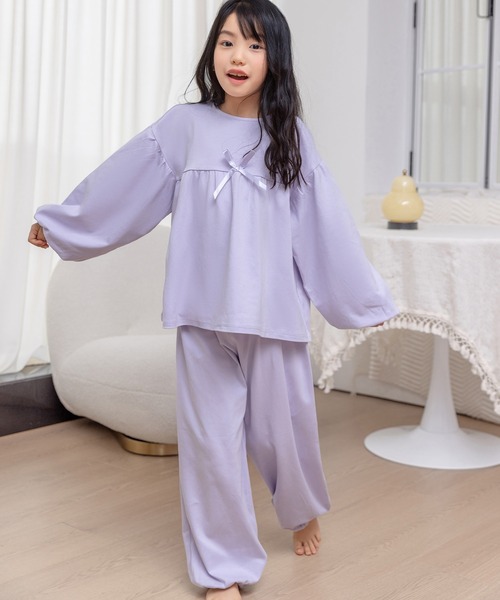 セール】キッズ 長袖大きなリボンのカラフルセットアップルームウェア