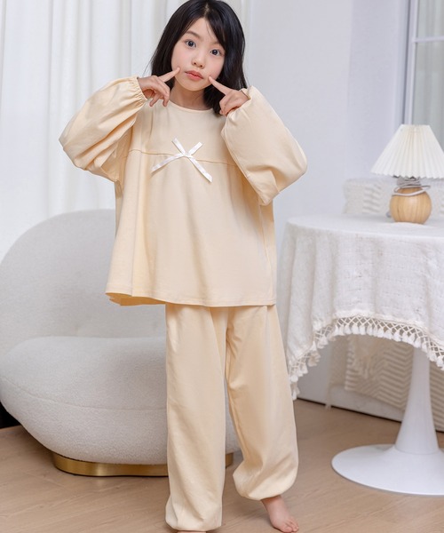 セール】キッズ 長袖大きなリボンのカラフルセットアップルームウェア