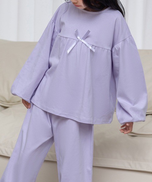 セール】キッズ 長袖大きなリボンのカラフルセットアップルームウェア